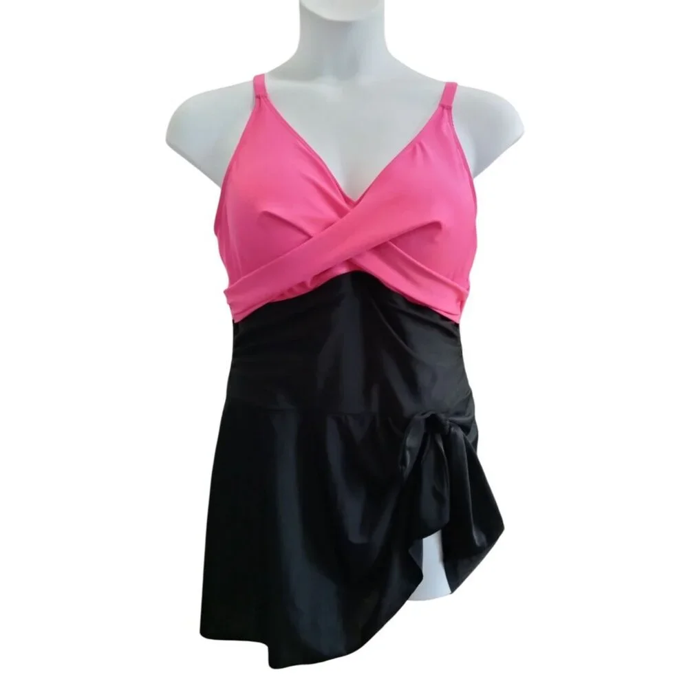 Blooming Jelly Size 2XL One-Piece Swimsuit Ruched Pink Black Adjustable Back